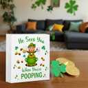 St. Patricks Day Decor Funny He Sees You When You Re Pooping Bathroom Wooden Box Sign,for Bathroom Shelf Washroom Toilet Restroom Shelves Decor 5 x 5 Inches