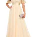 Formal Dresses for Women Prom Evening Gown Sequin Tulle V Neck Ruffle Short Sleeve Empire Waist A Line Long Dress. LARGE