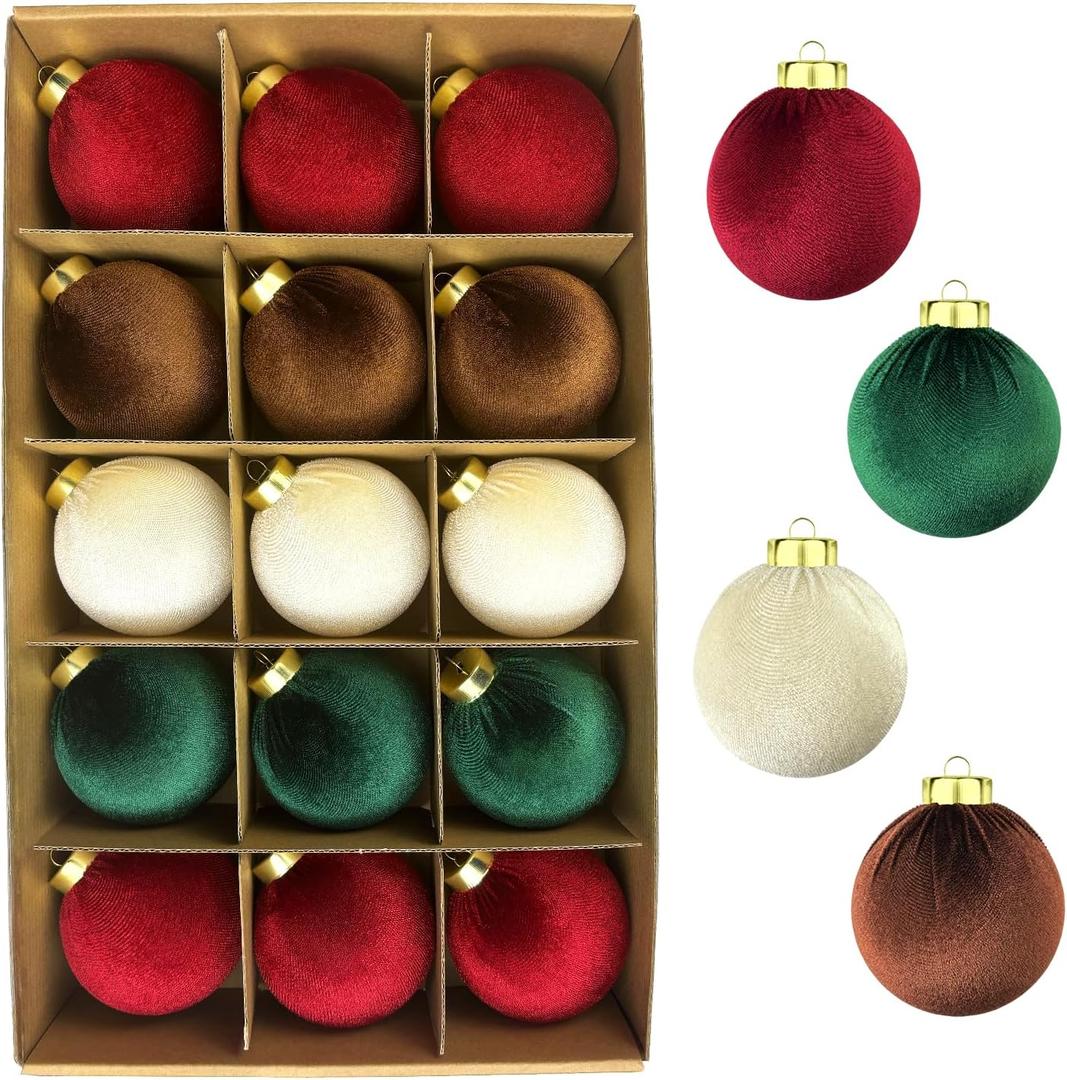 Velvet Balls Ornaments for Christmas Tree 15 PCS, 3.15 Inch Large Shatterproof Neutral Christmas Bulbs Ornaments Set-Decorative Hanging Baubles, Flocked Classic Decorations for Holiday(Multi-Color)