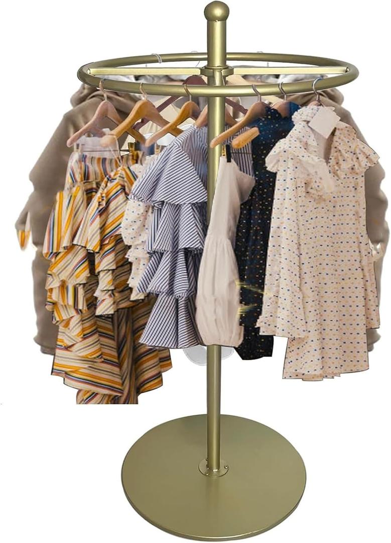 360 Rotating Round Garment Rack, Floor Standing Clothing Stand, Clothes Retail Display Shelf, for Bedroom Boutique Commercial Shop Laundry Room, 21 * 61 * 21in (Gold)