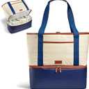 Fit & Fresh Dual Compartment Cooler Boat Tote, Beach Tote with 16-Can Insulated Leakproof Cooler Compartment, Canvas Soft Cooler with Accessory Pouch, Reusable Large Beach Bag for Pool & Beach, Navy