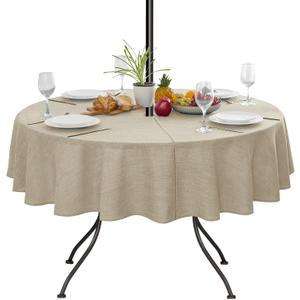 Outdoor Tablecloth with Umbrella Hole - Patio Table Cloth Zippered Round 60 Inch, Linen-Look Polyester Table Cover Water Resistant for Picnic Outside, Natural Color