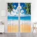 41x84Inch Polyester Hawaiian Seaside Palm Tree Curtain Tropical Ocean Beach Rod Pocket Window Treatment Drape Blue Sky Cloud Seawater Wave Print Bedroom Living Room Home Decor 2 Panels
