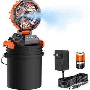 Portable Misting Fan, 30000mAh Rechargeable Battery Powered Floor Cooling Fan with 4 Strong Winds, 4 Spray Mister, Adjustable Base for 10-13in Bucket for Camping, Beach, Patio (No Bucket)- Orange
