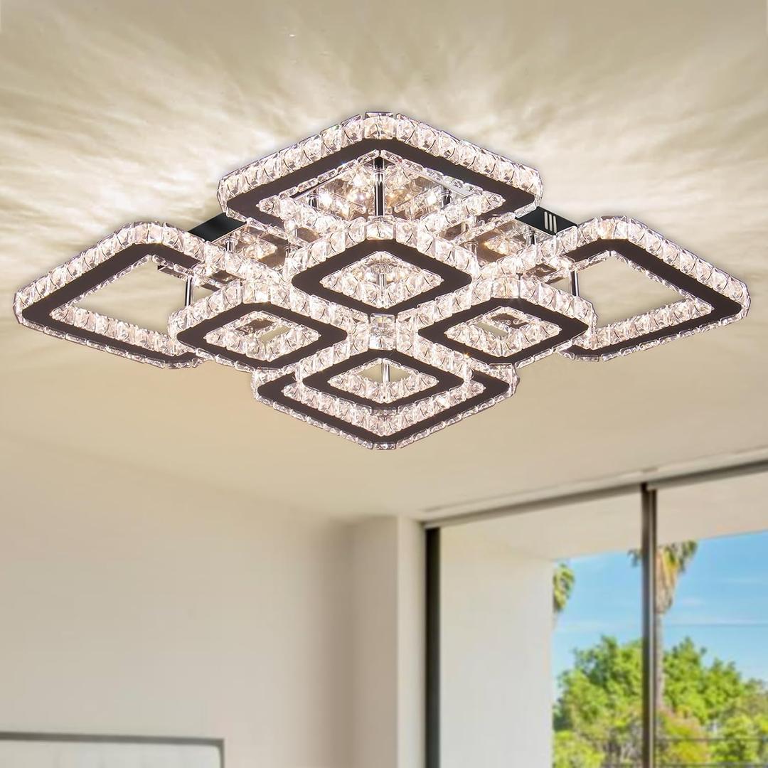 FRIXCHUR 20 Crystal Chandelier Square Crystal Flush Mount Ceiling Light 8 Lights Led Crystal Ceiling Pendant Light Modern Led Chandeliers for Bedroom Dining Room Bedroom Variable Light