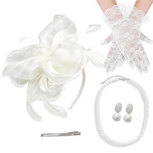 4 PCS Fascinators Hat Wedding Cocktail Tea Party Headwear with Lace Gloves Pearl Necklace Earrings (White)