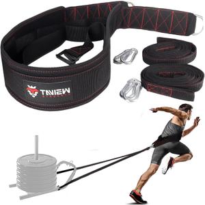 TAVIEW Sled Pulling Belt with Adjustable Closure, 2 Sled Pulling Straps & 4 Hooks  Ideal for Resistance Training, Strength (Black&red)