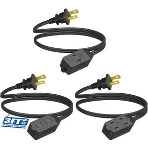DEWENWILS 3 Outlet Extension Cord, 2 Prong Extension Power Strip, 3ft 16 AWG Power Cord for Indoor Use, Black, ETL Listed, 3 Pack