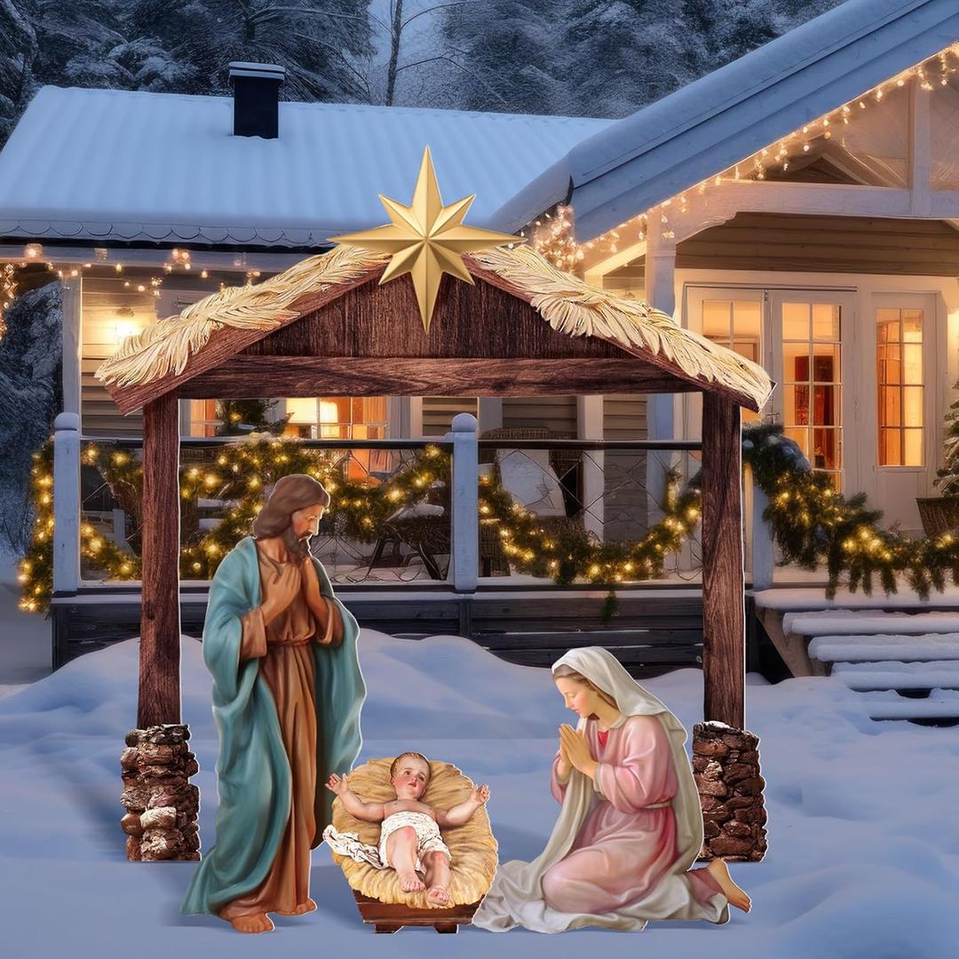 4 Pcs Large Christmas Nativity Scene Outdoor 45'' Holy Family Jesus Joseph Mary Sheep Outdoor Yard Decoration Weatherproof PVC Christian Outside Stable Decor Sets for Front Yard Lawn Sign