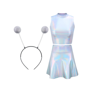 Metallic Top Sleeveless Crop Tank Top Pleated Skirt with Headband for Raves Halloween Cosplay L