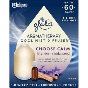 Glade Aromatherapy Diffuser & Essential Oil, Air Freshener for Home, Choose Calm Scent with Notes of Lavender & Sandalwood, 0.56 Fl Oz (1 Diffuser + 1 Refill)