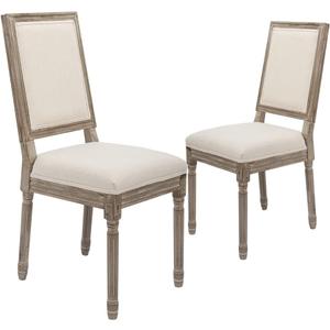 CangLong Farmhouse Dining Room Accent Chairs, Modern Distressed Bedroom Chairs with Square Back, Elegant Kitchen Chairs Side Chair, Set of 2, Fabric Back in Beige