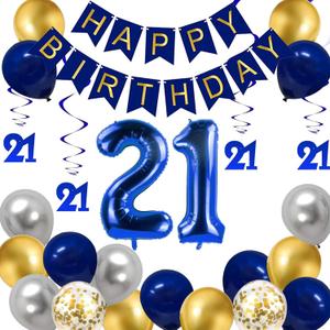 BRT Bearingshui Blue & Gold 21st Birthday Party Decorations - Happy Birthday Banner, Number 21 Foil Balloon, Navy Blue & Gold Decorations
