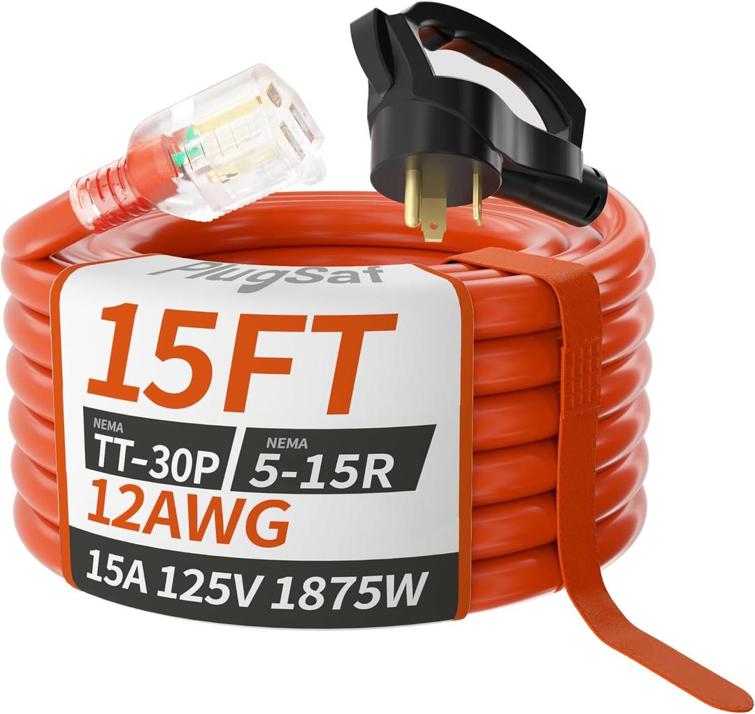 RV 30 Amp to 110 Adapter Extension Cord 15 FT, NEMA TT-30P to NEMA 5-15R Heavy Duty Outdoor RV Electrical Adapter with Grip Handle, 12AWG 15Amp 125V 1875W, Black-Orange, ETL Listed