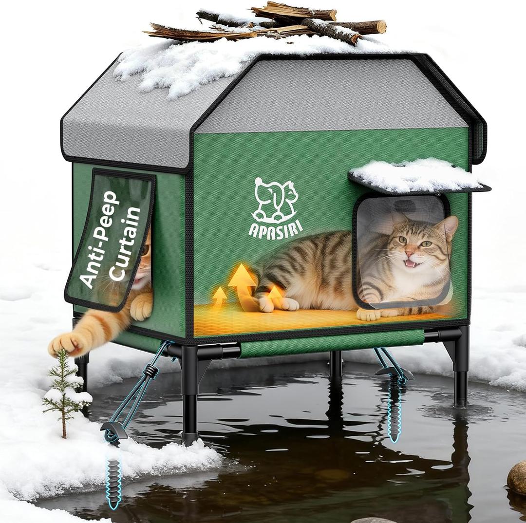 Heated Outdoor Cat House for Winter: Insulated with Heating Pad, Indestructible Weatherproof Winter Shelter, Elevated Support to Keep Interior Dry for Stray Cats, Medium