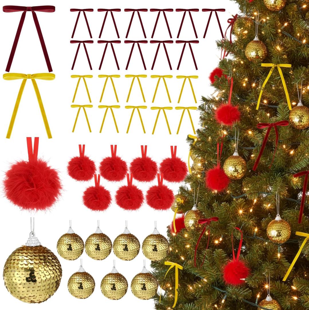 Poen 64 Pcs Christmas Tree Ornaments Set 48 Velvet Christmas Tree Bows 16 Shatterproof Xmas Balls 2.36' Plush Sequins Ball 7' Vintage Bow for Home Xmas Party Winter Supplies(Red,Gold,Yellow)