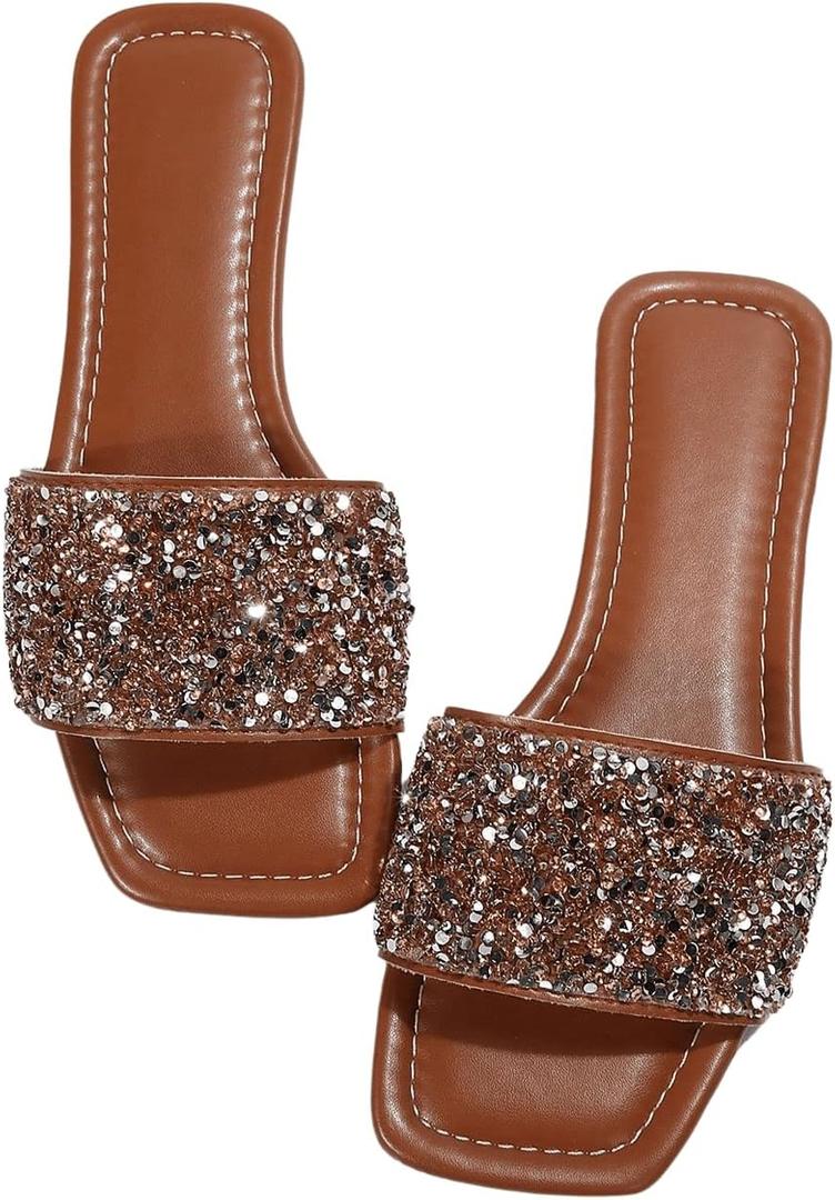 GORGLITTER Women's Sparkly Jeweled Flat Sandals Dressy Open Toe Glitter Shiny Slippers Slip-on Shoes (9.5, Brown)