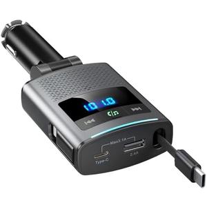Nulaxy 80.5W Retractable Car Charger, Bluetooth 5.3 Car Adapter 3-Port Fast Charging USB-C, USB A, Lightning Adapter, FM Transmitter Hands-Free Calling Compatible with iPhone, Samsung, Switch, Gray