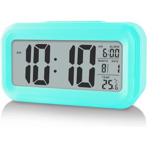 Digital Alarm Clock with Indoor Temperature, Battery Operated,Snooze Model,12/24H Display for Bedrooms Heavy Sleepers Kids Travel Bathroom Desk Smart Clock (Blue)