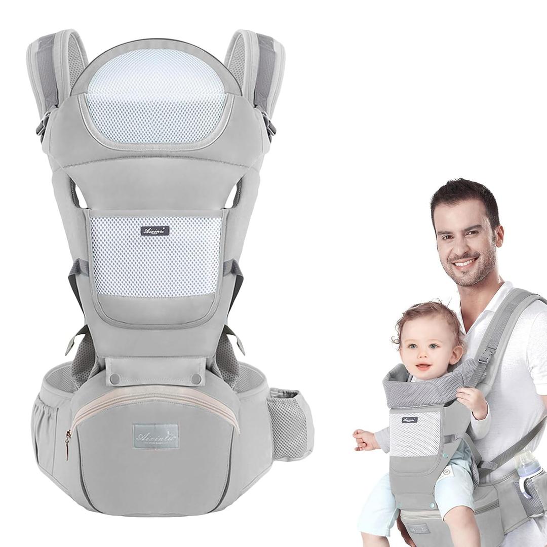 Baby Carrier with Hip Seat, Multi-Functional 9 in 1 Baby Wrap Carrier Newborn to Toddler for All Seasons Ergonomic Baby Sling Carrier Hands Free Baby Backpack Carrier 7-45 lbs (Grey)