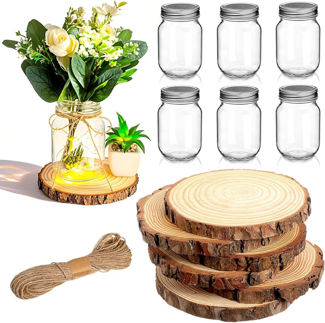Honeydak 6 Sets Wedding Table Centerpieces 4.8 Inches Glass Mason Jar Vase for Flower Centerpieces 5.5-6.3 Inches Wood Slices Wooden Disc Coasters Winter Xmas Farmhouse Table Decoration (Classic, Clear)