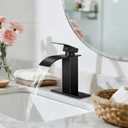 Matte Black Bathroom Faucets, Waterfall Bathroom Sink Faucet Single Handle Bathroom Faucet for 1 or 3 Hole, Mixer Tap Vanity Faucet with Deck Plate, Pop-up Drain and Supply Hoses