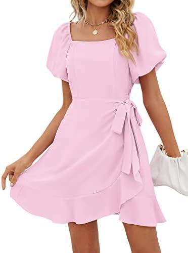 SAMPEEL Womens Summer Dresses Square Neck Puff Sleeve Tie Waist Short Dress Size L