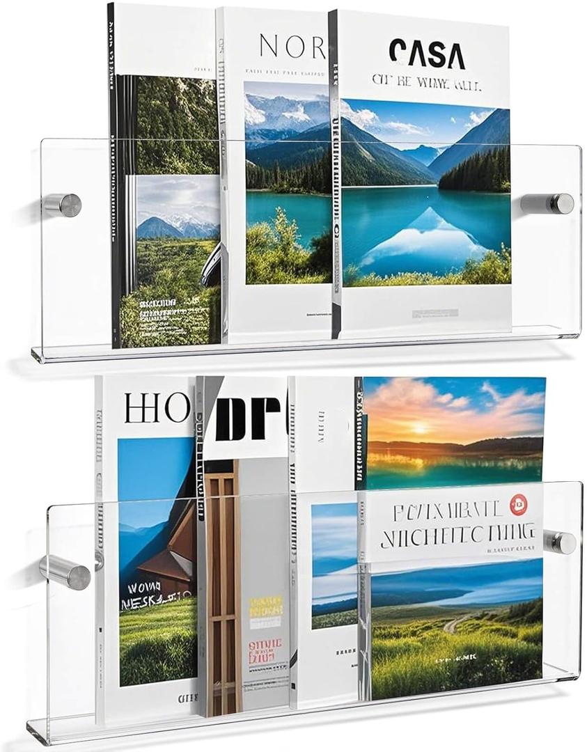 Youeon 2 Pcs Clear Acrylic Magazine Holder Wall Mount, 17 Inch Hanging Magazine Rack with Hardware, Floating Bookshelf Brochure Display Organizer for Home, Office, Reception Area