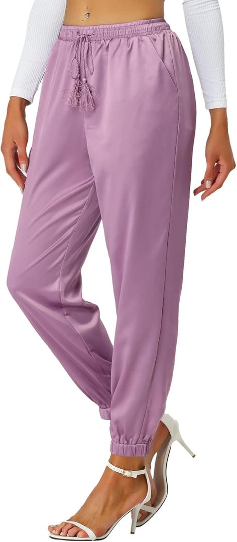 Allegra K Women's Drawstring Elastic Waist Athleisure Pants Ankle Length Satin Joggers with Pocket X-Large Dull Purple