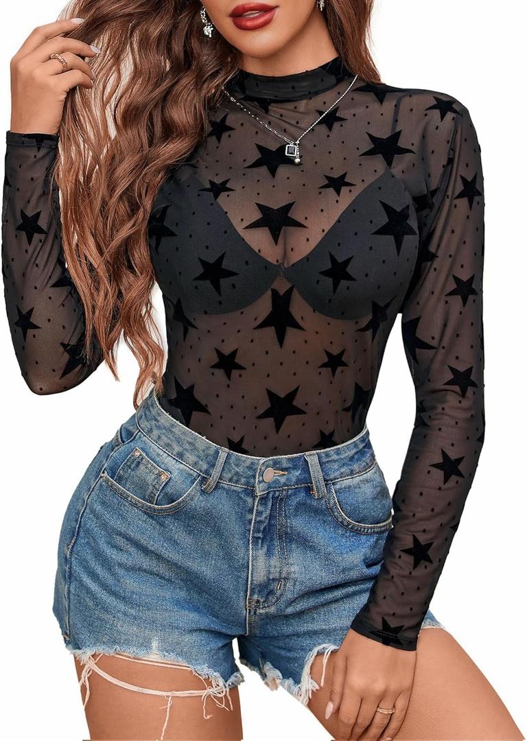 Avidlove Mesh Top for Women Long Sleeve See Through Shirt Mock Neck Sheer Blouse (Medium)