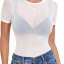 Women's Mesh Tops Short Sleeve Sheer Tee Shirts See Through Bodycon Clubwear Shirts (White, M)
