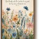Framed Christian Wall Art, Wildflower Bible Verse Canvas Picture, Vintage Botanical Pastel Neutral Beige Scripture Decor Psalm 136:1 for Bedroom Living Room Nursery, 12x16 Inch