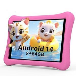 AWOW Kids Tablet for Kids 3-7: 10 inch Android 14 8GB RAM 64GB ROM Toddler Tablet for Kids 8-12 with Bluetooth WiFi Parental Control, Dual Camera, GMS, Shockproof Case (Pink)
