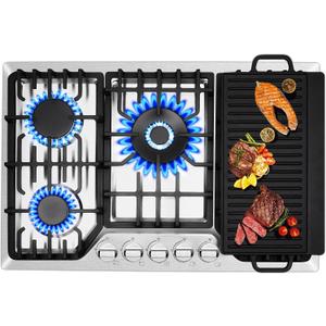 30 Inch Bulit-In Gas Cooktop with Griddle, 5 Italy SABAF Powerful Burners Over 92% High Efficiency, Max 48300BTU Gas Stove Top, 304 Stainless Steel Panel, NG/LPG Convertible, CSA Certified