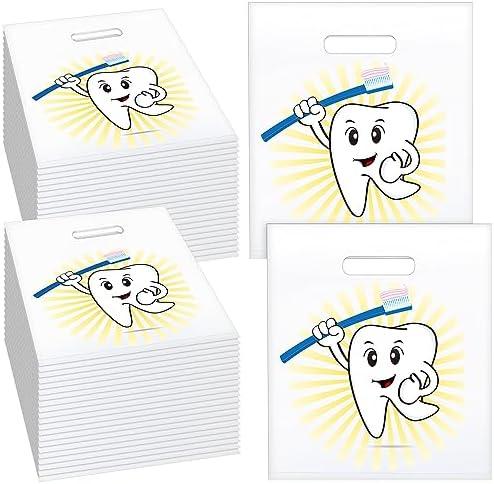 Aliceset 300 Pcs Tooth Merchandise Bags with Handles Plastic Dental Bags for Patients Dental Gifts Bulk for Dentist Office Goodie Packaging Appreciation Gifts Retail Party Favor, 8.27x9.45in (Cute)