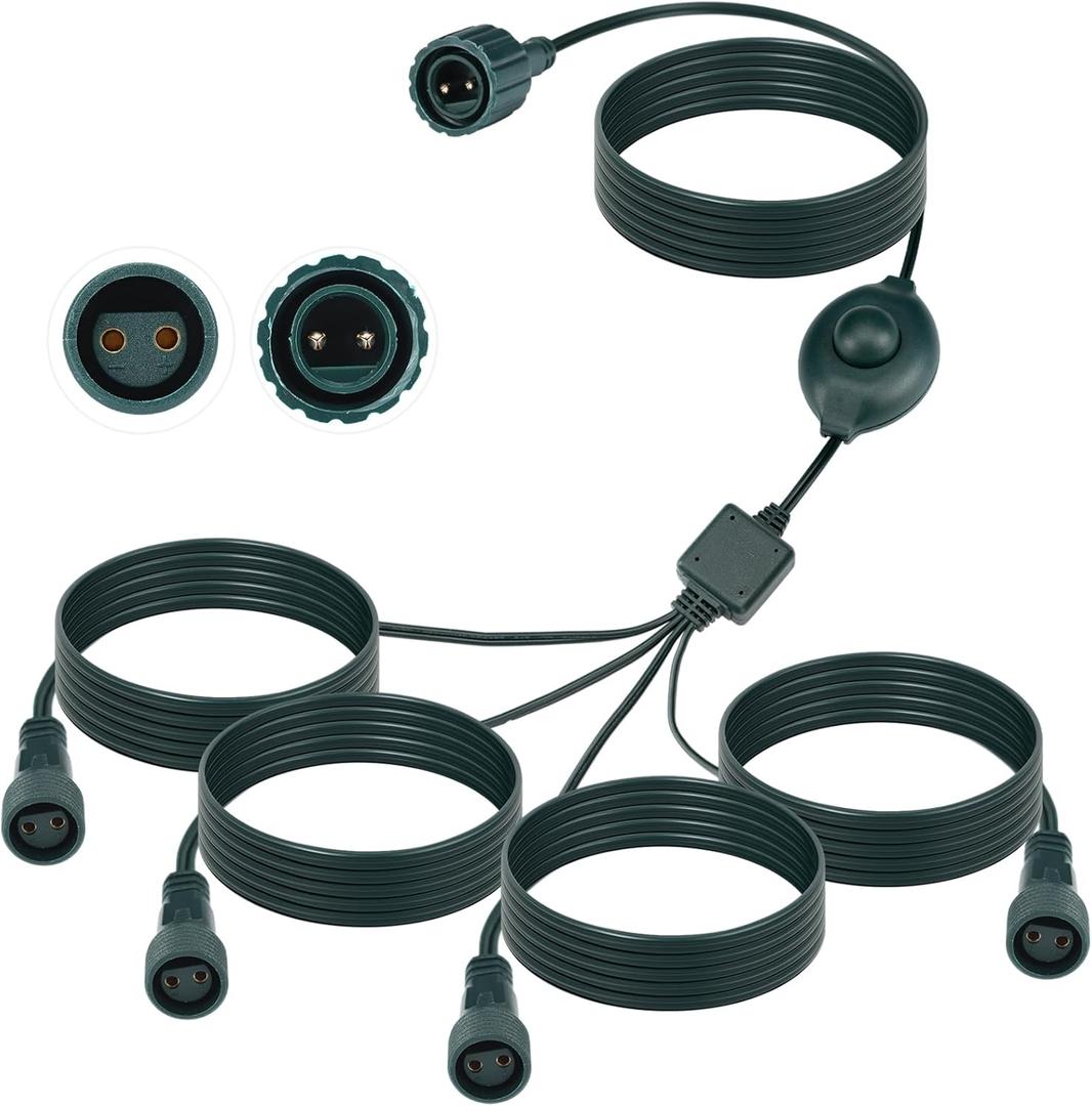 Kanayu 72 Inch 4-Way Splitter Connector for Christmas Lights, Waterproof Christmas Tree Extension Cable Power Cord with Foot Switch for Outdoor/Indoor String Lights Xmas Outlet Extension Cord, 2 Pin