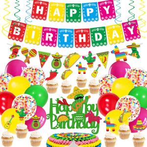 68 PCS Fiesta Birthday Decorations Happy Birthday Banner Mexican Cake Cupcake Topper for Kids Boy Girl Cactus Donkey Maraca Sombrero Guitar Taco Pepper Balloons Hanging Swirls Bday Party Supplies