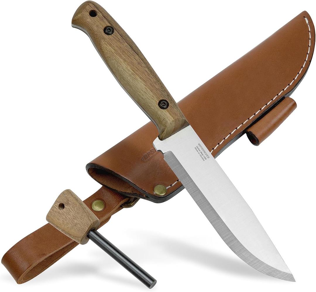 BPSKNIVES Adventurer - Bushcraft Knife - Fixed-Blade Carbon Steel Knife with Leather Sheath and Firestarter - Outdoor Full Tang Knives - Camping Knives - Survival Tactical Camp Knives (Brown)
