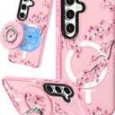 Lotadilo for Samsung Galaxy S24 Case for Women - Girls Cute Design Compatible with Magsafe Magnetic Ring Holder Stand Peach Blossom Phone Covers Aesthetic Girly TPU Funda for S24