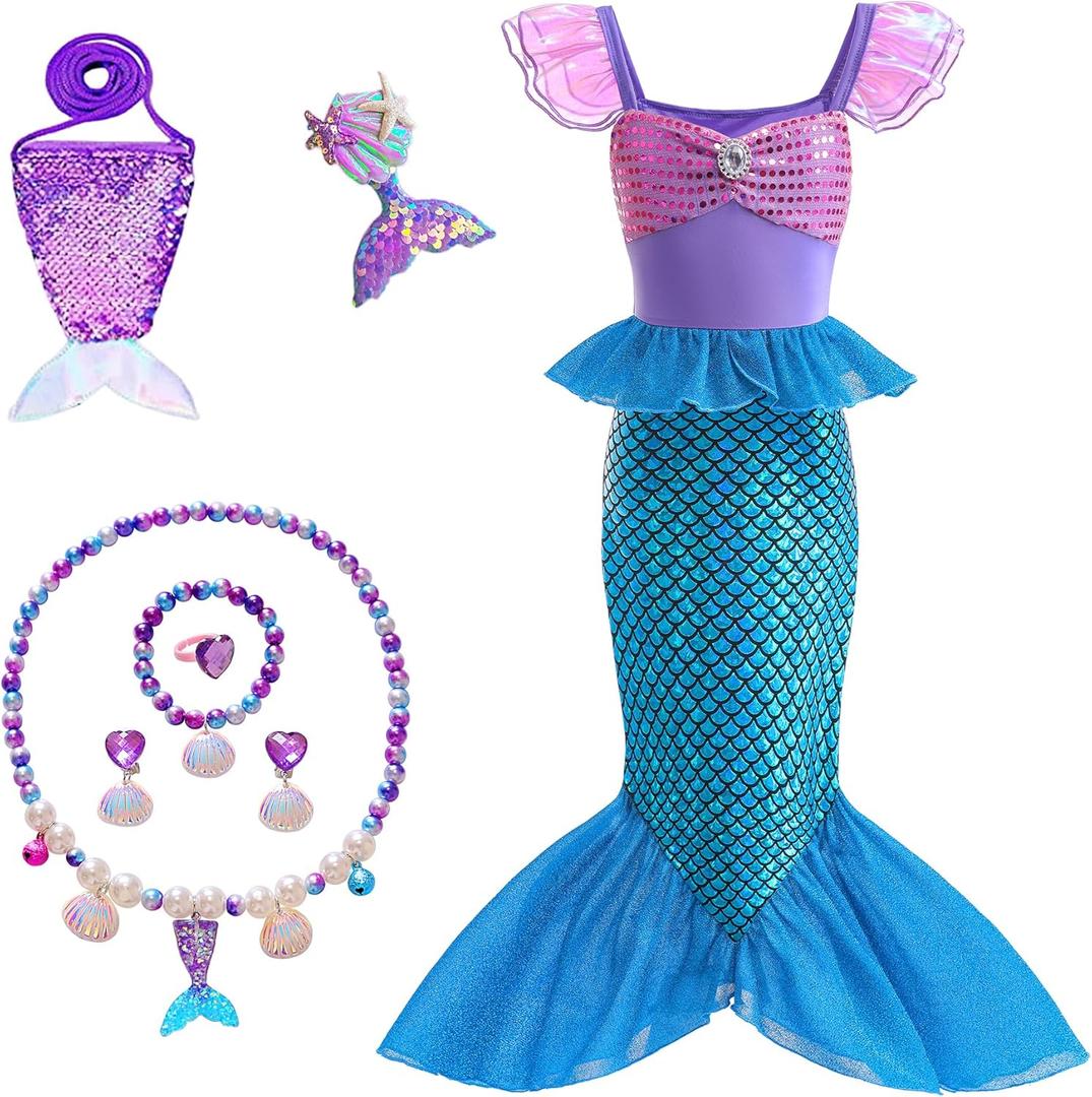 Little Girls Princess Mermaid Costume for Girls Dress Up with Accessory for Christmas Birthday Party Supplies (4-5 Years, Purple-blue)