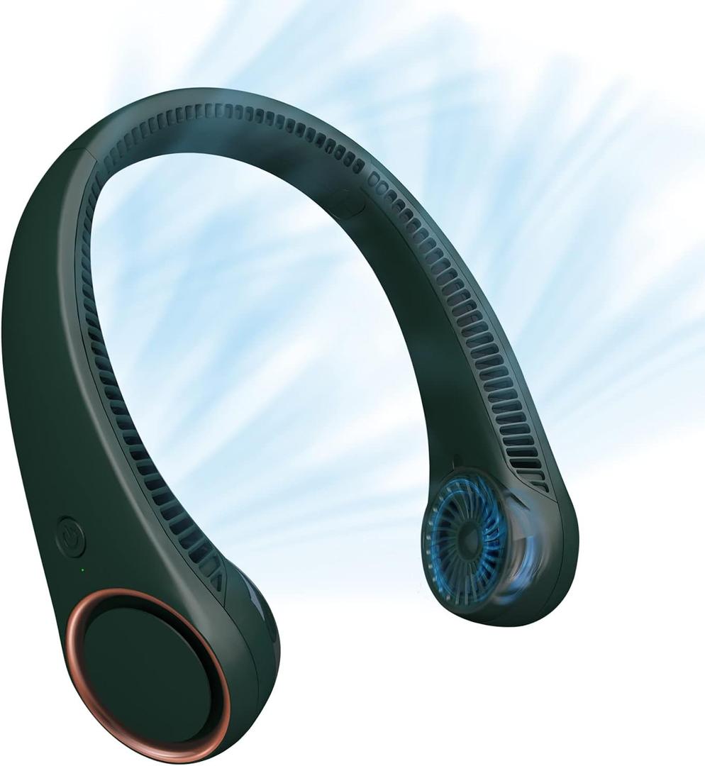 CIVPOWER Neck Fan: Portable Personal Neck Cooling Rechargeable Bladeless Fan - Hands Free 3 Speed 4000 mAh Battery USB Operated Wearable Headphone Design - for Men Women Outdoor Indoor (Dark Green)