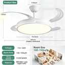 Retractable Ceiling Fans with Lights and Remote, 42 Inch White Chandelier LED Fan, 20W Energy Saving,Memory Function,Timer Setting,Ultra Quiet Invisible Blades Fan for Kitchen, Bedroom, Large
