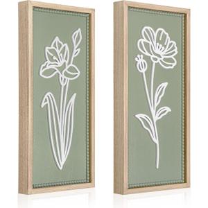 Parlor Boudoir 3D Wooden Floral Wall Art, Sage Green Boho Wall Decor, Rustic Farmhouse Hanging for Bathroom, Bedroom, Living Room or Kitchen (Set of 2)