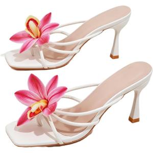 MakeMeChic Women's Open Toe Floral Kitten Heels Flower Summer Beach Sandals, Size 41 (White)