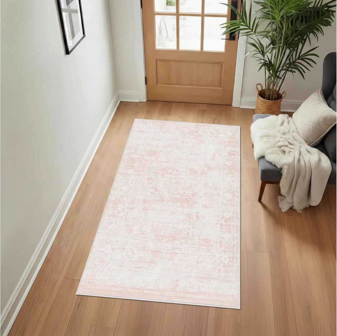 Homemate Washable Rug 4x6 Area Rugs - Vintage Faux Wool Rugs for Living Room Bedroom Dining Room - Non Slip Foldable Carpet Indoor Area Rug for Home Decor4'x6', Pink