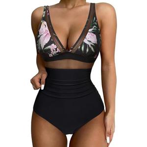 SUUKSESS Women Sexy Mesh Tummy Control Swimsuit Push Up High Waisted Bathing Suit XL