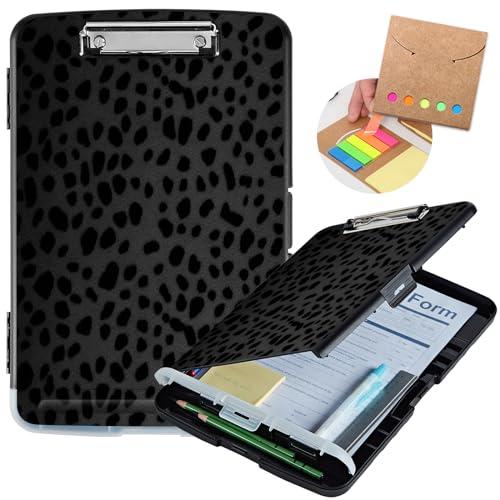 Clipboard with Storage, Heavy Duty Plastic Storage Clipboard with Low Profile Clip, Teacher Must Haves, Office Supplies, Black Leopard Print