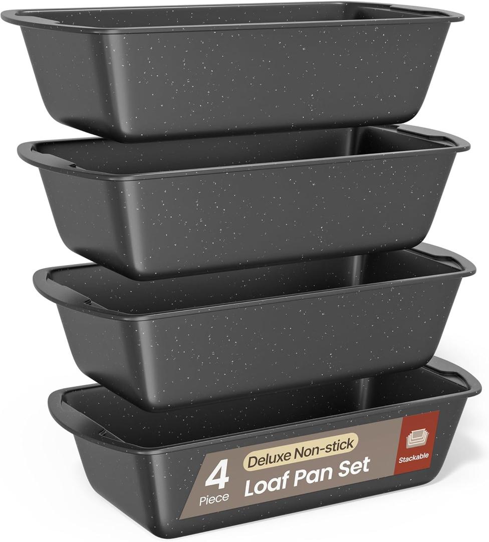 Nonstick Loaf Pan Set Pack of 4, Carbon Steel 11" Large Baking Bread Pan, Oven Safe Up to 450F, PFOA, PFOS, PTFE Free, Space Saving Stackable Design, Stain Resistant, Dishwasher Friendly, Gray Marble
