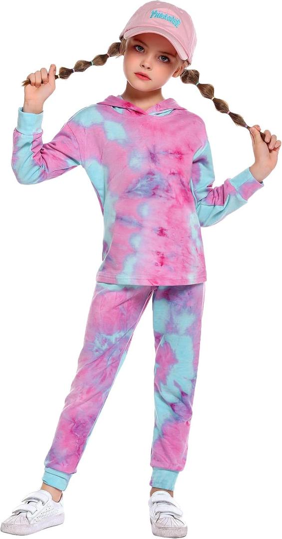 Arshiner Girl's 2 Piece Tie-dye Pullover Hooded Sweatshirt Set Sweatsuits and Sweatpants (Pink)