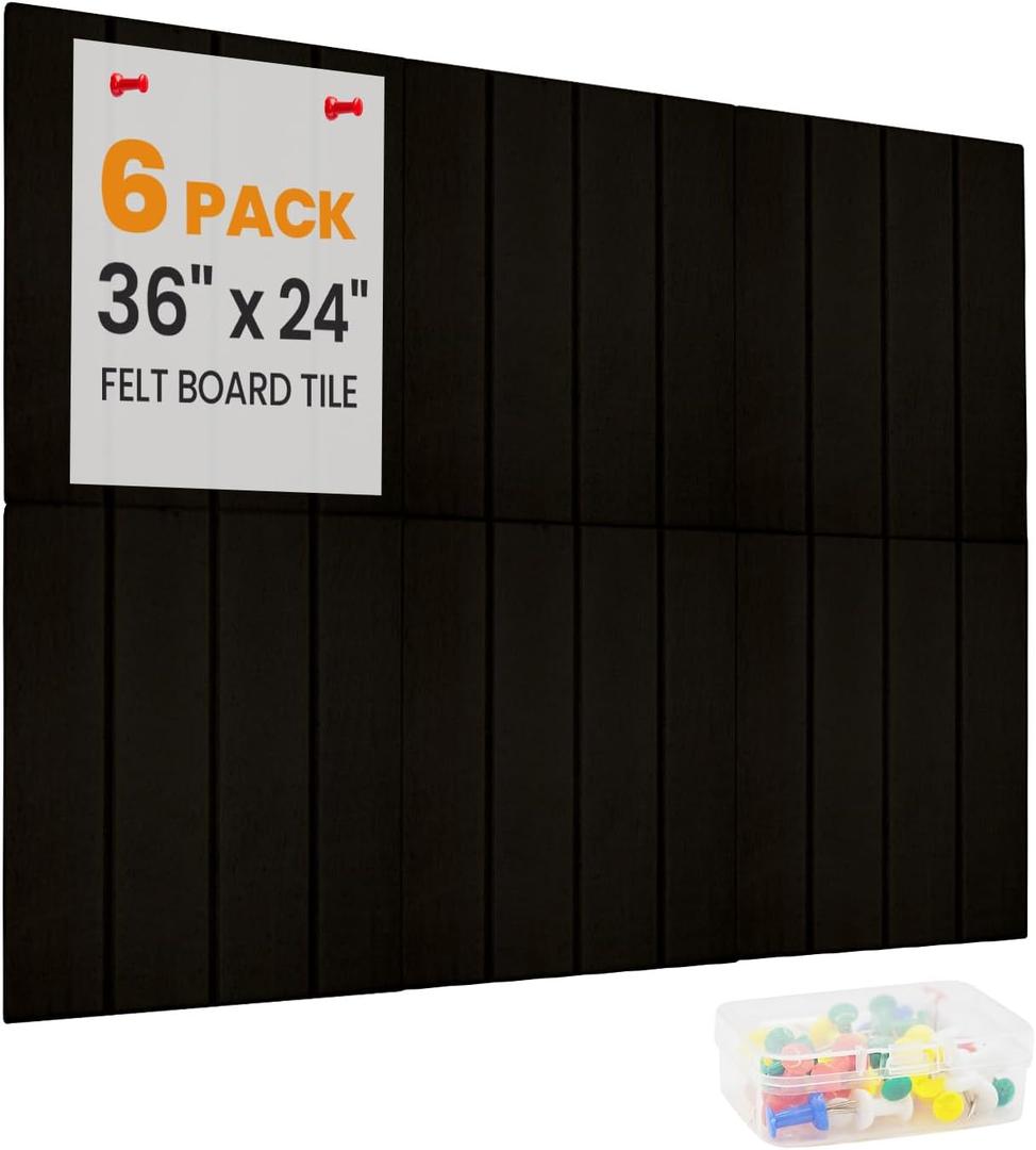 Wide Stripe Felt Bulletin Board Tiles, 6 Pack 36"x24" Felt Wall Panels with Removable Adhesive & 40 Push Pins, Bulletin Cork Board Replacement for Office, Home, School, Soundproof, Black
